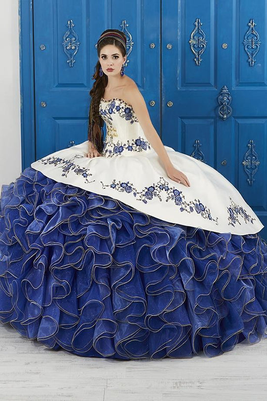 LA Glitter - 24042 Embroidered Sweetheart Ruffled Ballgown In White and Blue