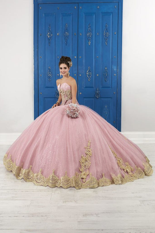 LA Glitter - 24045 Beaded Lace Sweetheart Glitter Tulle Ballgown In Pink