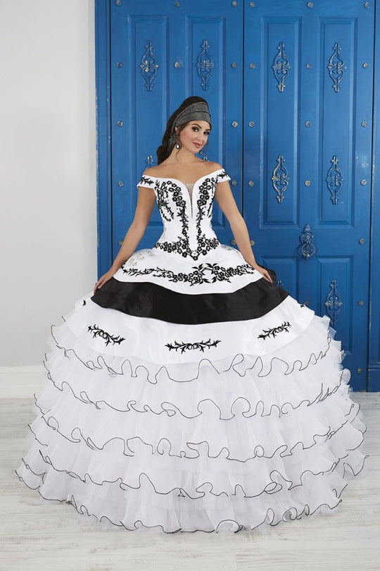 LA Glitter - 24050 Applique Plunging Off-Shoulder Tiered Ballgown In Black and White