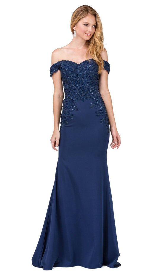 Dancing Queen - 2409 Beaded Lace Off The Shoulder Sheath Prom Dress In Blue