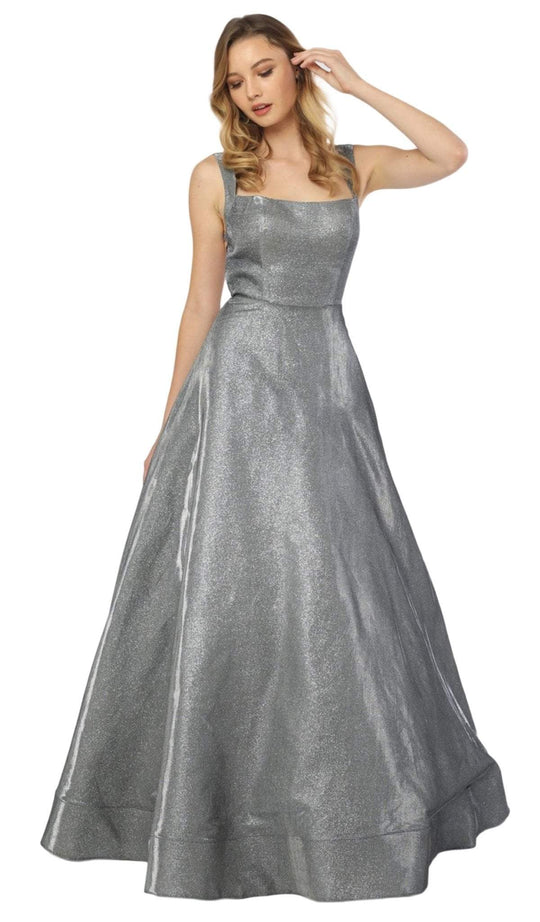 Nox Anabel - C240 Glimmering Square Neck Strappy Back A-Line Gown In Gray and Silver