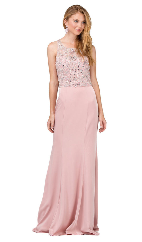 Dancing Queen - 2411 Bedazzled Illusion Halter Sheath Prom Dress In Pink