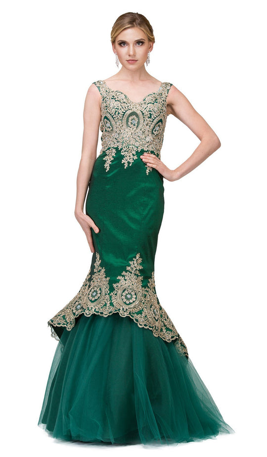 Dancing Queen - 2413 Lace Appliqued Portrait Mermaid Prom Gown