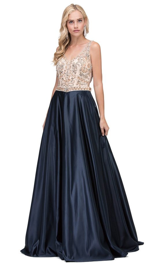 Dancing Queen - 2416 Jeweled V-neck A-line Prom Dress In Blue