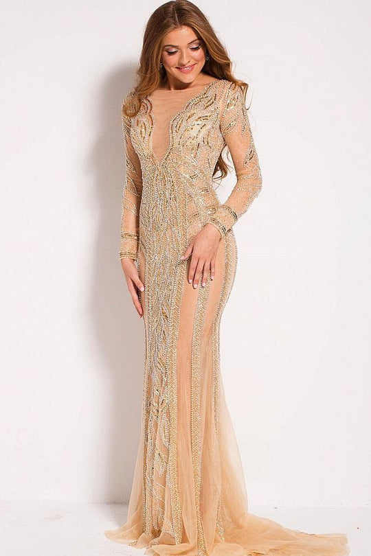24160 Sheer Neck Long Sleeved Beaded Gown