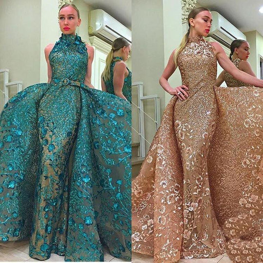 MNM COUTURE - 2416 Sleeveless Sequin Ornate Overlay Train Evening Gown In Green and Orange