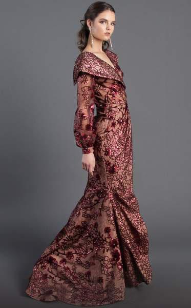 MNM COUTURE - Sequined Long Sleeve V-neck Trumpet Dress 2417 In Red