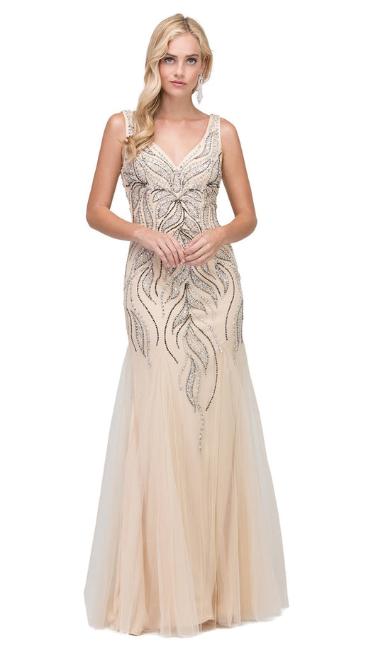 Dancing Queen - 2418 Beaded V-Neck Tulle Prom Dress in Nude