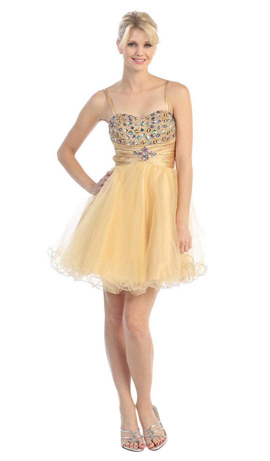 Eureka Fashion - 2420 Beaded Sweetheart Charmeuse/Mesh A-line Dress in Gold