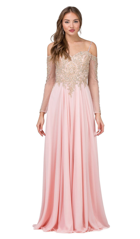 Dancing Queen - 2422 Appliqued Sheer Long Sleeves A-Line Prom Gown in Pink