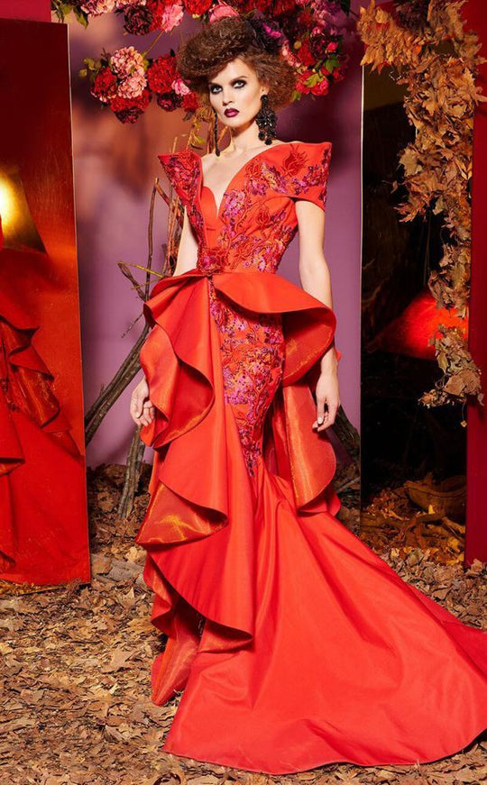 MNM COUTURE - 2422 Embellished Ruffled Mermaid Dress In Red