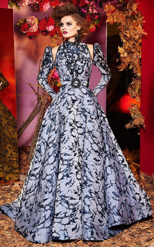 MNM COUTURE - 2428 Long Sleeves High Neck Embellished Ballgown In Blue