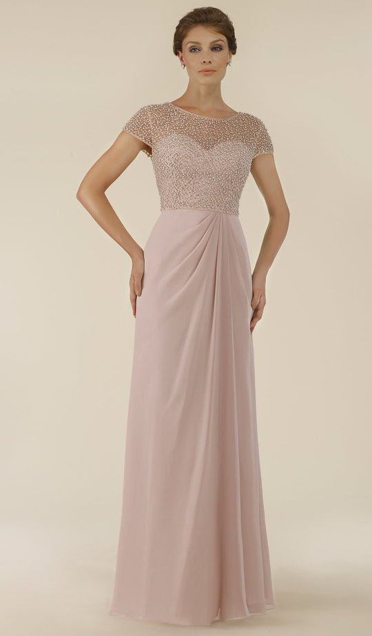 Rina Di Montella - RD2430 Pearl Beaded Illusion Bateau Chiffon Gown in Pink