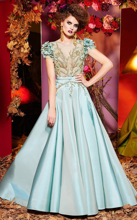 MNM Couture - 2430 Floral Appliqued Short Sleeve Illusion Ballgown In Blue