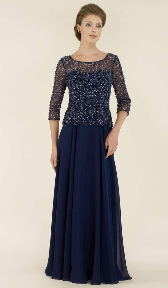 Rina di Montella - RD2431-1 Quarter Sleeve Beaded Illusion A-Line Gown In Blue