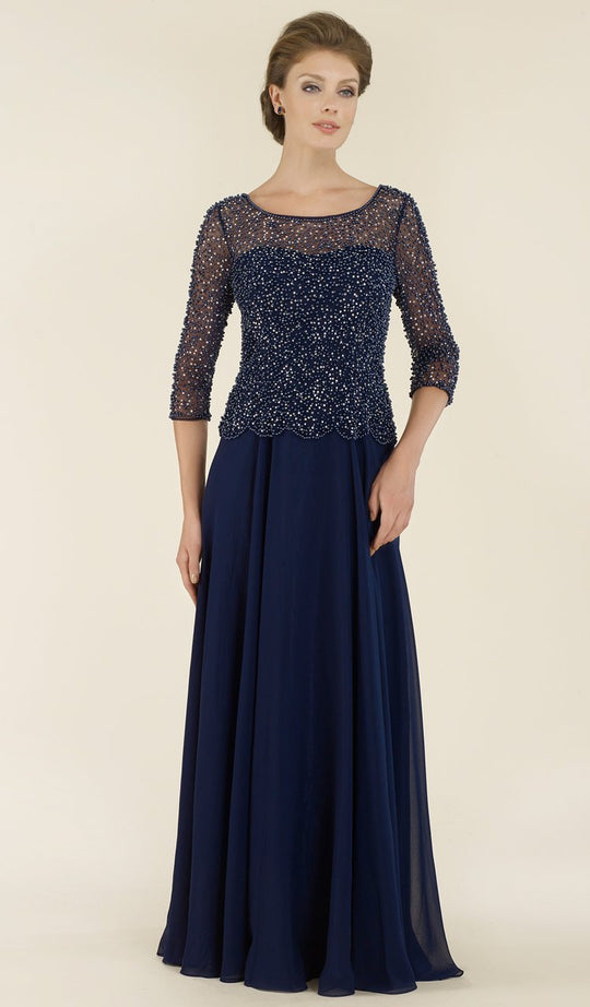Rina Di Montella - RD2431 Beaded Sheer A-Line Evening Gown in Blue