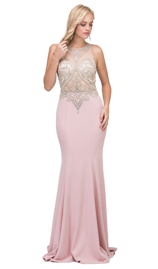 Dancing Queen - 2433 Sleeveless Jeweled Illusion Halter Sheath Prom Dress In Pink