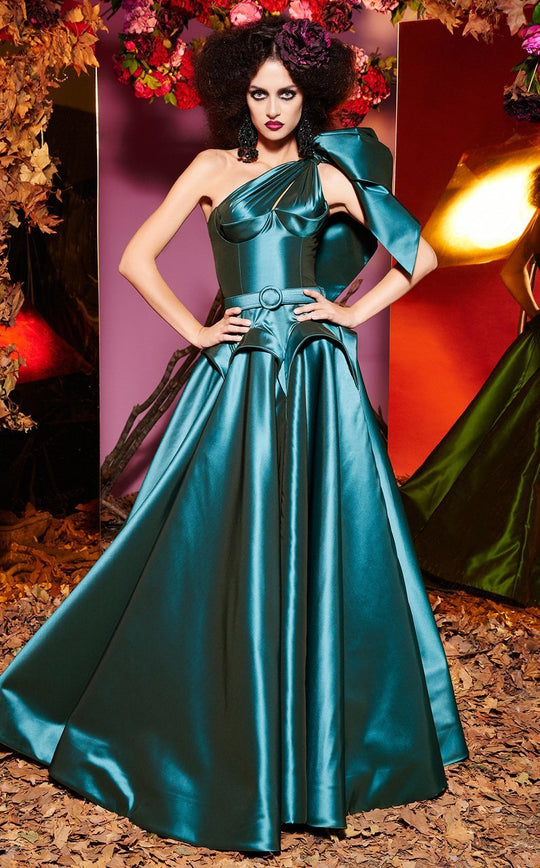 MNM Couture - 2436 Structured Asymmetrical Bow Ornate Ballgown In Blue and Green