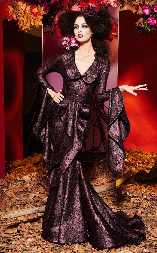 MNM Couture - 2437 Embellished Long Bell Sleeve Mermaid Dress In Purple