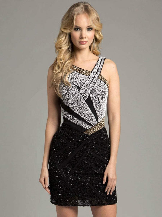 Lara Dresses - Sleeveless Asymmetric Sparkling Short Dress 33010 In Black and Silver, Gold