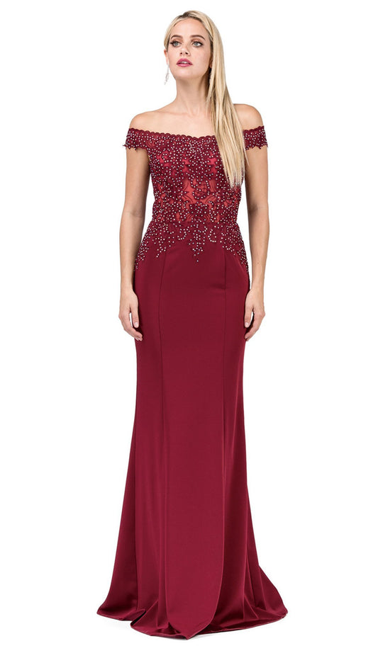 Dancing Queen - 2440 Adorned Illusion Off Shoulder Prom Gown in Red