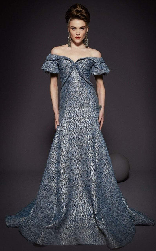 MNM Couture - 2443 Off-Shoulder Brocade Trumpet Dress In Blue