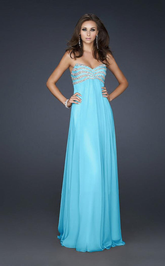 La Femme - Strapless Bead Embellished Sweetheart Chiffon A-line Dress 17474 In Blue