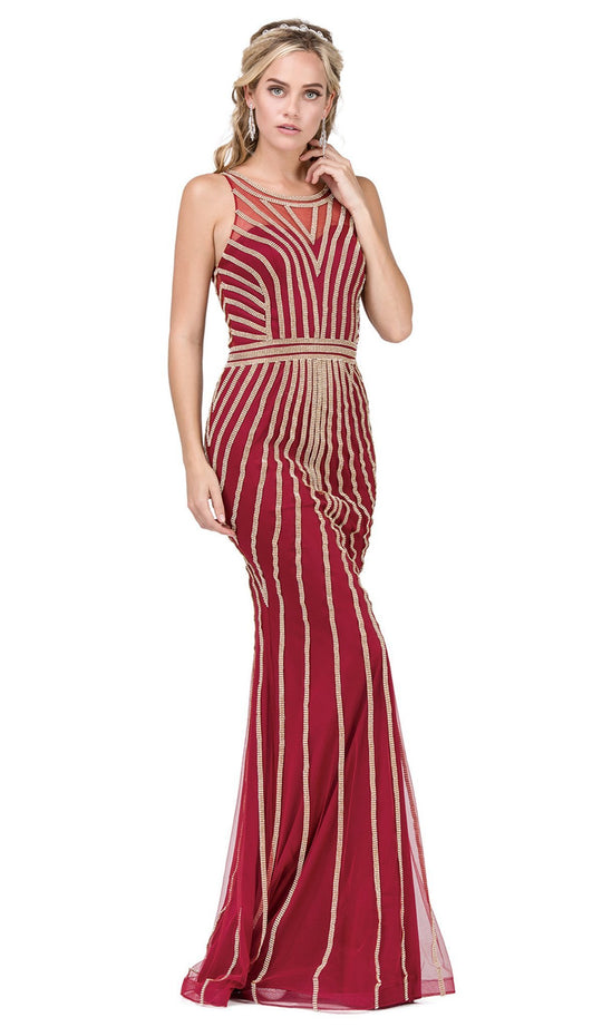 Dancing Queen - 2448 Metallic Bead Striped Prom Gown in Red