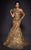 MNM COUTURE - 2462 Sequined Laurel Motif Asymmetrical Mermaid Gown In Gold
