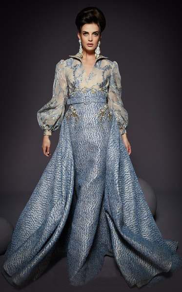 MNM COUTURE - 2448 Long Bishop Sleeve Embroidered Overskirt Gown In Blue