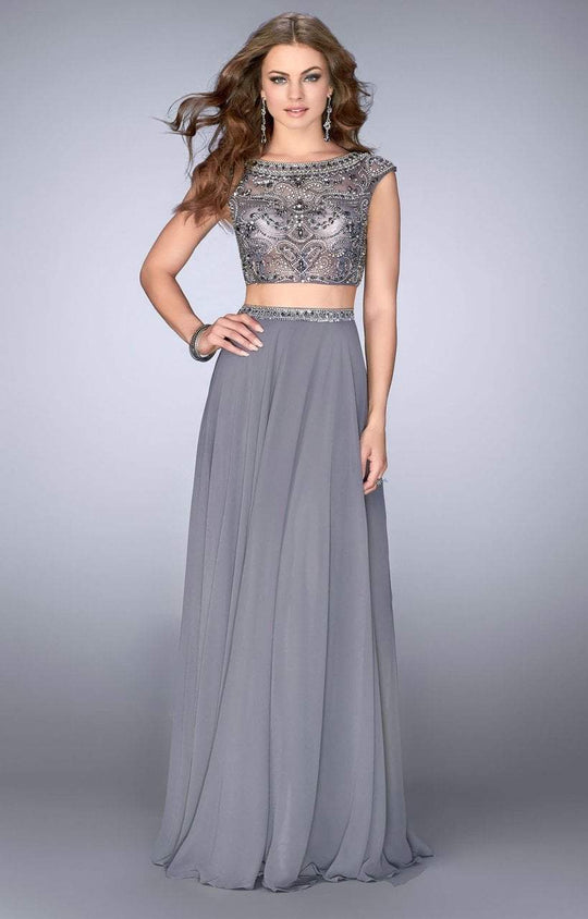 GiGi - Enchanting Beaded Bateau Neck Two-Piece Chiffon Dress 24493 In Gray