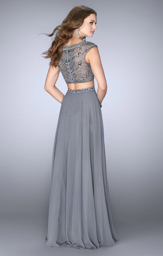 GiGi - Enchanting Beaded Bateau Neck Two-Piece Chiffon Dress 24493 In Gray