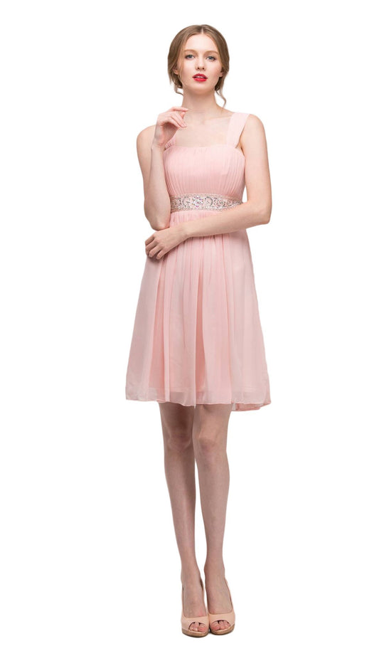 Eureka Fashion - 2450 Embellished Chiffon Knee Length A-line Dress In Pink