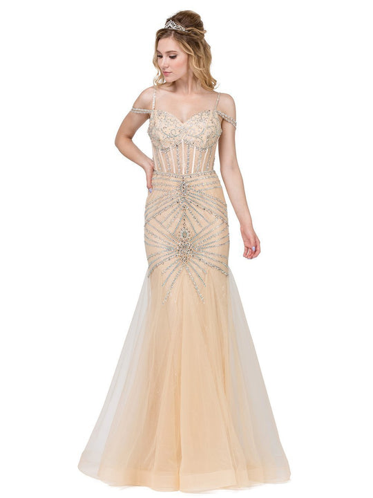 Dancing Queen - 2451 Bejeweled Corset Boned Prom Gown in Neutral