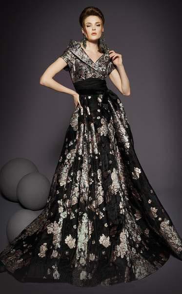 MNM COUTURE - 2453 Cap Sleeve A-line Dress With Train in Black