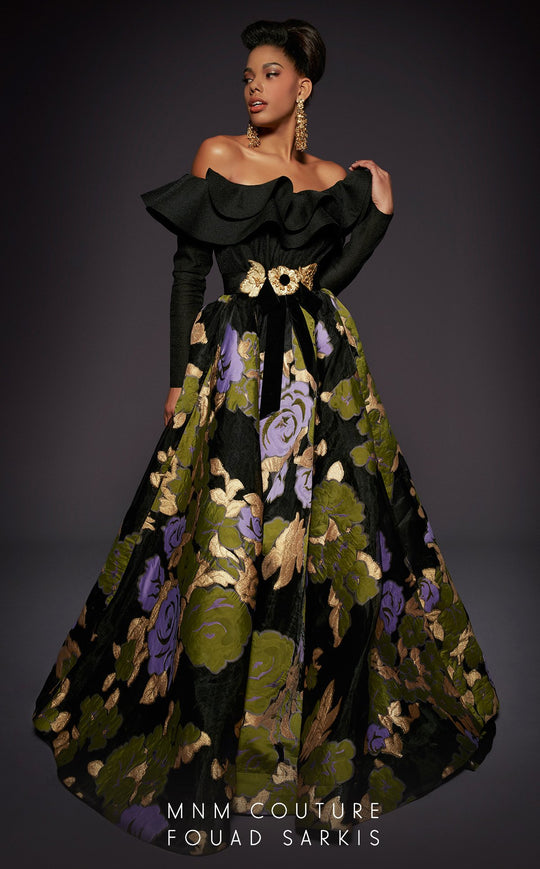 MNM COUTURE - 2454 Ruffled Off Shoulder Long Sleeve Floral Ballgown  In Black and Multi-Color