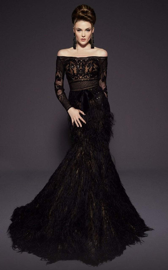 MNM COUTURE - 2456 Long Sleeve Sequin-Ornate Feather Fringed Gown In Black