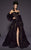 MNM COUTURE - 2457 Strapless Feather-Fringed High Slit Gown In Black