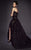 MNM COUTURE - 2457 Strapless Feather-Fringed High Slit Gown In Black