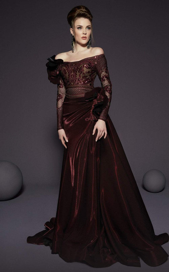 MNM COUTURE - 2458 Rosette Accented Long Sleeve A-Line Gown In Red