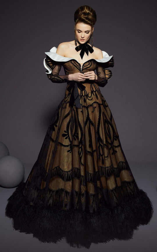 MNM COUTURE - 2459 Petal Ruffled Plunging Off Shoulder Ballgown In Black and White