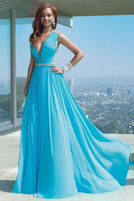 Alyce Paris - Ruched V-neck A-line Dress in Blue