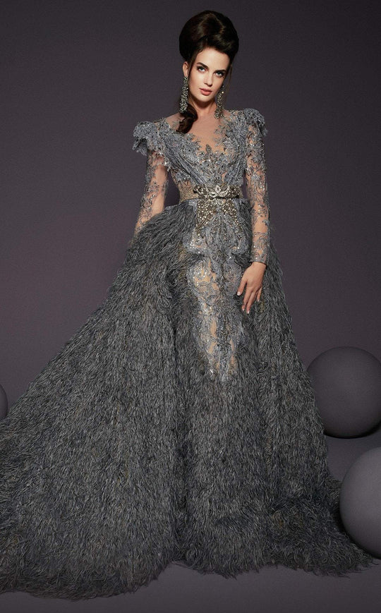 MNM COUTURE - 2461 Long Sleeve Metallic Feather-Fringed Overskirt Gown In Gray and Silver