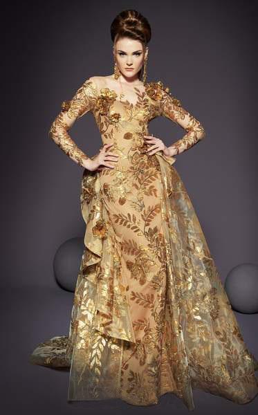 MNM COUTURE - 2463 Floral Embroidered Illusion Jewel Gown In Gold