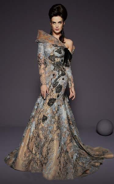 MNM COUTURE - 2464 Asymmetrical Long Sleeves Trumpet Gown In Multi-Color