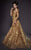 MNM COUTURE - 2462 Sequined Laurel Motif Asymmetrical Mermaid Gown In Gold