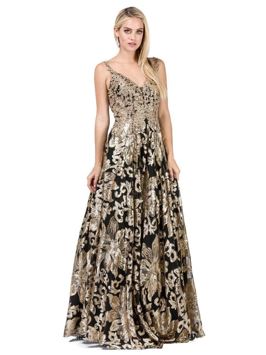 Dancing Queen - 2466 Appliqued Metallic Floral Prom Gown in Black and Gold