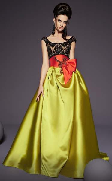 MNM COUTURE - 2467 Lace Cap Sleeves Bow Ballgown Duplicate Black and Yellow