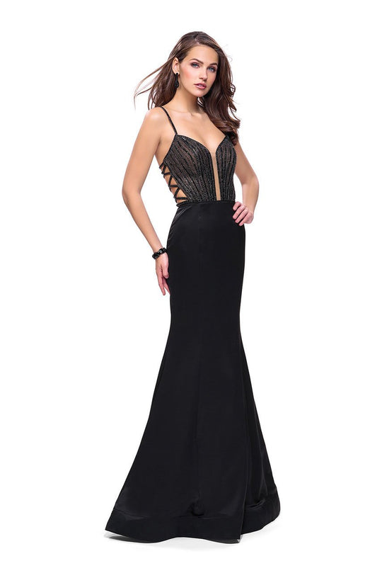 La Femme - 24691 Bedazzled Deep V-neck Satin Trumpet Dress In Black