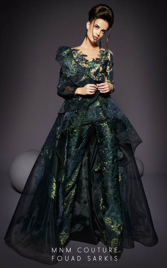 MNM COUTURE - 2470A Metallic Brocade Jumpsuit with Overskirt In Green